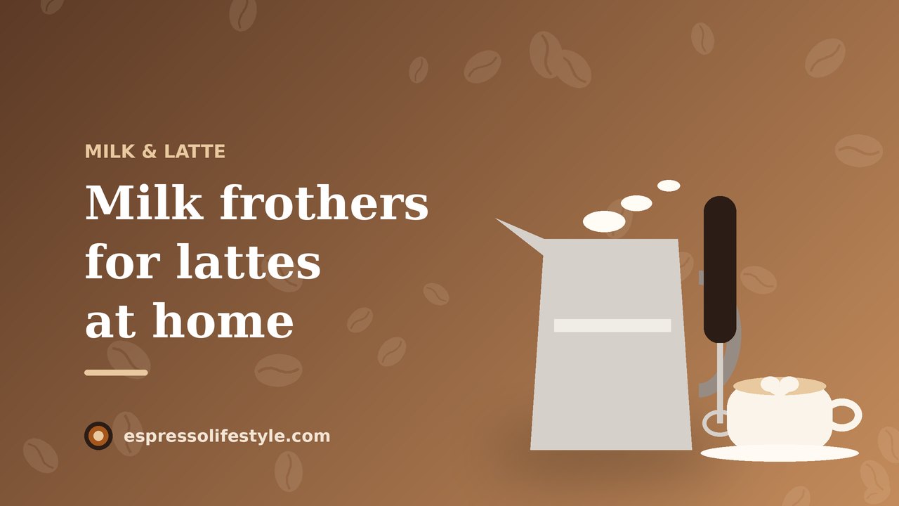 Illustration of a milk pitcher, handheld frother and a latte with heart art
